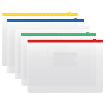 Папка-конверт на zip-молнии СТАММ А4, ПВХ, 120мкм, прозрачная, цветная молния, карман, ассорти